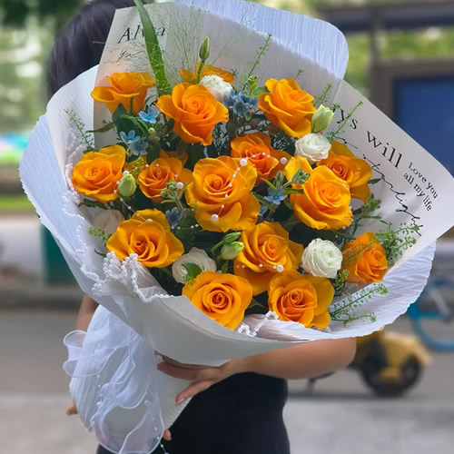 鲜花：致美丽的你 15枝橙玫瑰