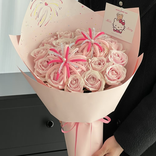 鲜花：好运相随 19枝粉玫