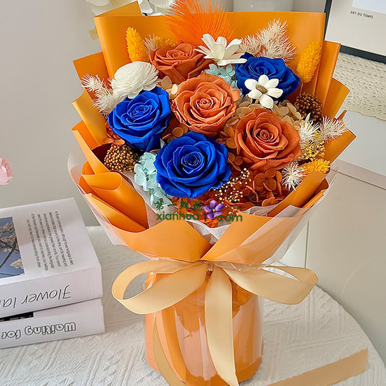 3朵蓝色玫瑰，3朵橙色玫瑰永生花 橙色小花束